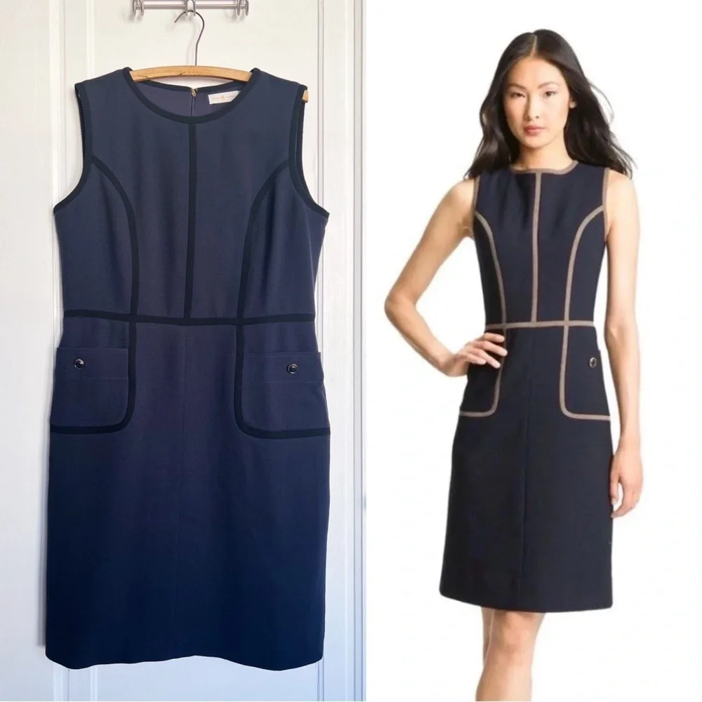 Tory Burch • Flora Dress navy blue wool sheath sleeveless piped colorblock